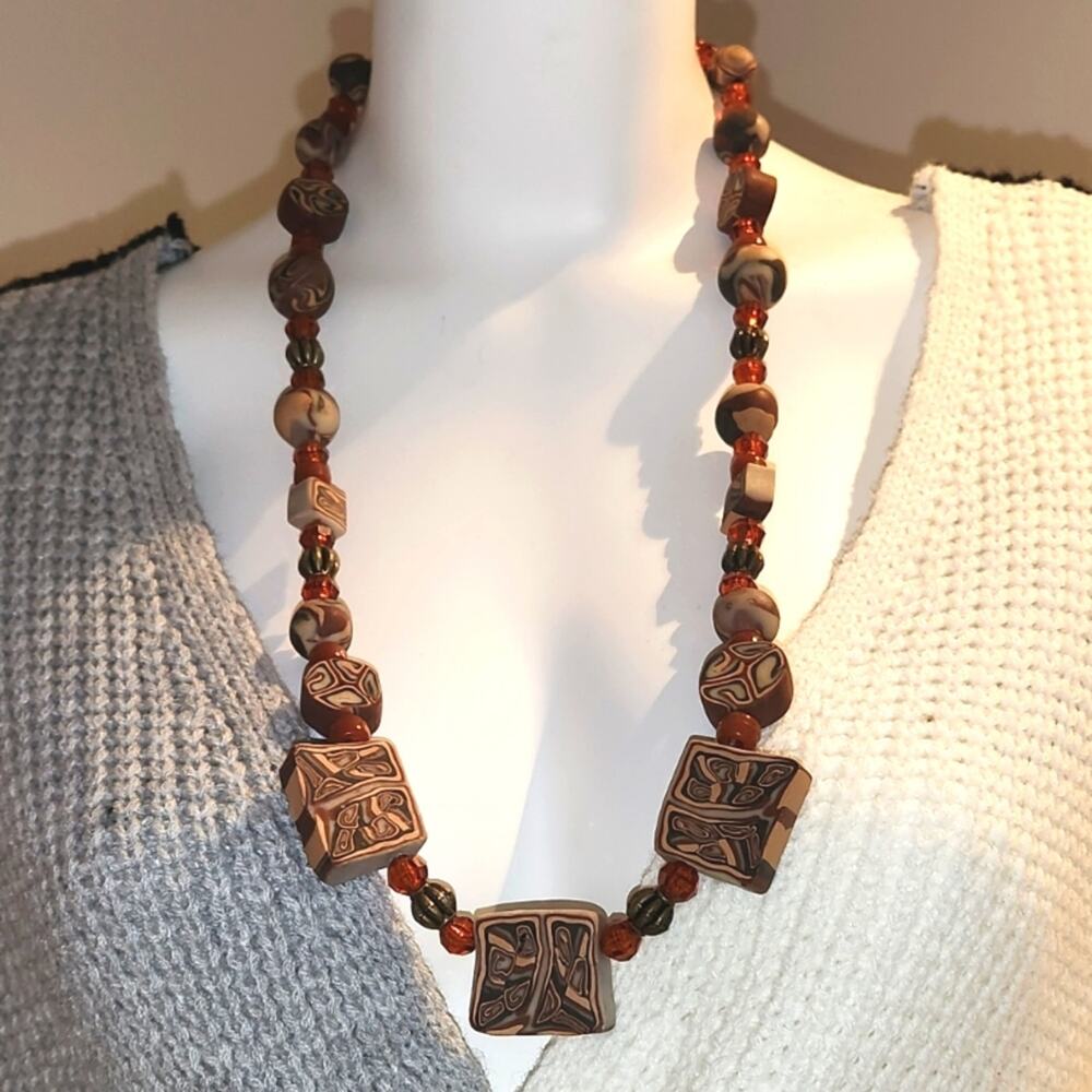 Handcrafted Clay Bead Necklace Terra Cotta Earth Tones Brown Beige Boho Tribal